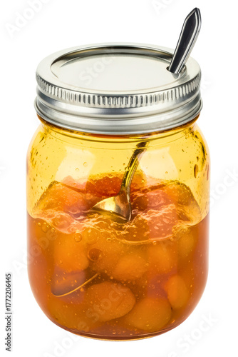 Sweet homemade apricot preserves in a glass canning jar isolated on transparent background