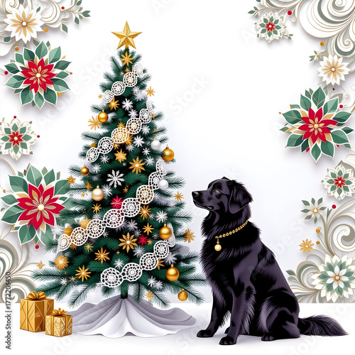 Black Lab and Christmas Tree