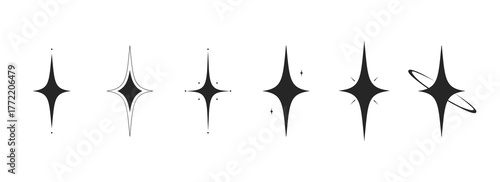 Stars shape set. Retro futuristic icons. Abstract sparkle black silhouette symbols. Vector illustration.
