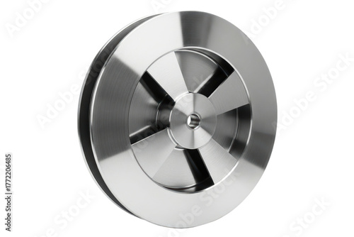 Industrial metal water pump impeller with brushed steel finish isolated on transparent background