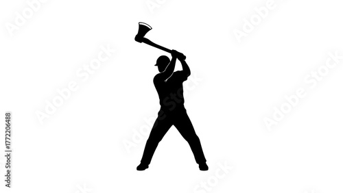 Lumberjack swinging axe with transparent background