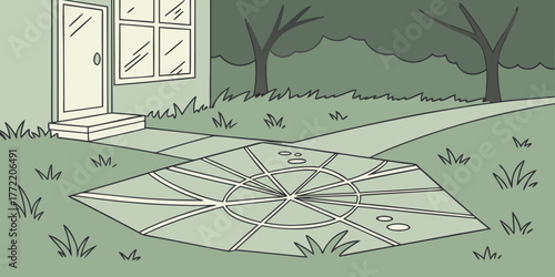 Broken glass scattered on the lawn near a house and pathway  