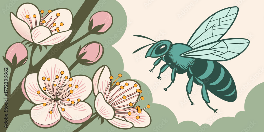 Fototapeta premium Bee flying near blooming cherry blossom flowers in pastel colors 