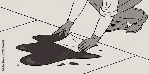 Person cleaning oil spill from floor with paper towel  
