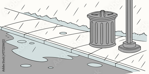 Urban sidewalk with puddles and trash bin during rainstorm  