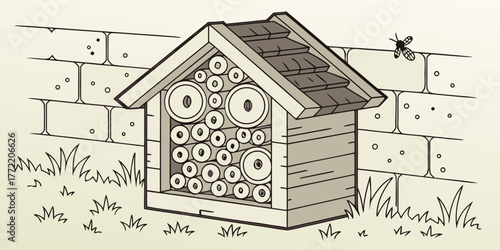 Insect hotel for pollinators designed with natural wood and tubes  