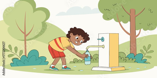 Young boy refilling water bottle at fountain in a park  