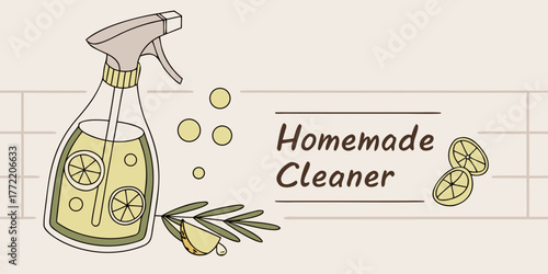 Homemade cleaner in spray bottle with lemon and olive design  