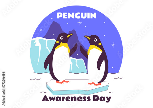 Penguin Awareness Day Vector Illustration on January 20, Featuring Penguins and an Iceberg to Promote Animal Conservation on a Flat Background
