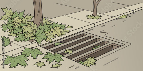 Leaves covering storm drain beside sidewalk in urban environment  