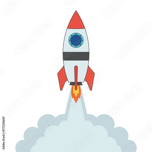 Cartoon rocket ship launching with smoke