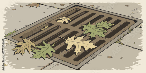 Leaves resting on a metal grate in autumn setting  