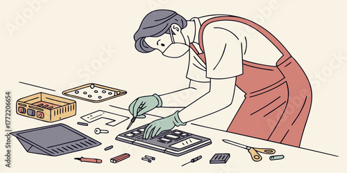 Man disassembling electronics for parts while working at a table  