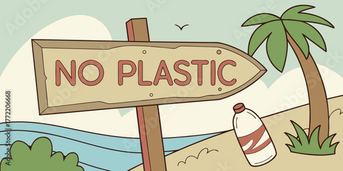 No plastic sign on beach with palm tree and ocean background  