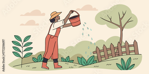 Young woman watering plants with a bucket in a garden setting  