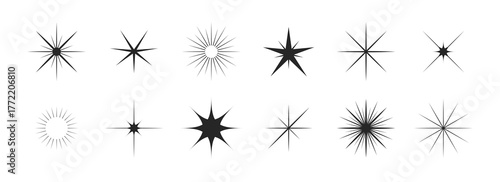 Retro sparkle stars set. Y2K abstract shapes. Brutalism star icons. Flat Vector illustration.