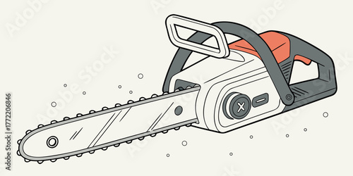 Battery-powered chainsaw in minimalistic design with dust particles  