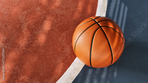 Fotografie Basketball on outdoor court brown and blue surface