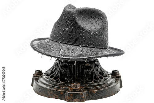 Black classic fedora hat covered with raindrops in the city isolated on transparent background