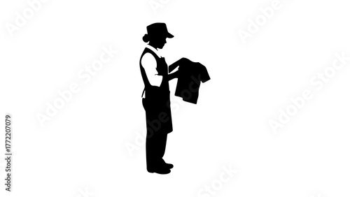 Woman folding laundry with transparent background