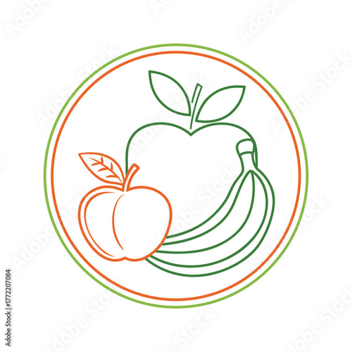 Circular icon with outline of apple banana and peach fruits healthy