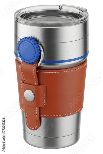 Insulated stainless steel travel mug with a brown leather sleeve isolated on transparent background