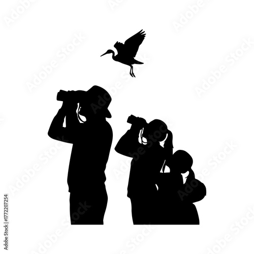 Birdwatching family silhouette with transparent background