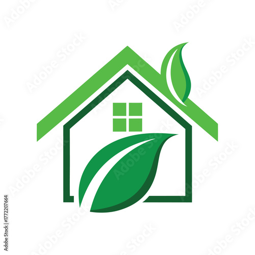 Green house logo with leaf symbol on white background Keywords: eco house, green home, leaf, leaves, house, home, building, architecture, nature