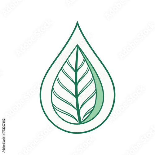 Green leaf inside a water drop outline on white background Keywords: leaf, water drop, green, nature, ecology, organic, fresh, clean, purity