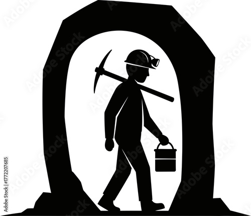 iconic laborer enters dark passage, seeking the earths buried treasures