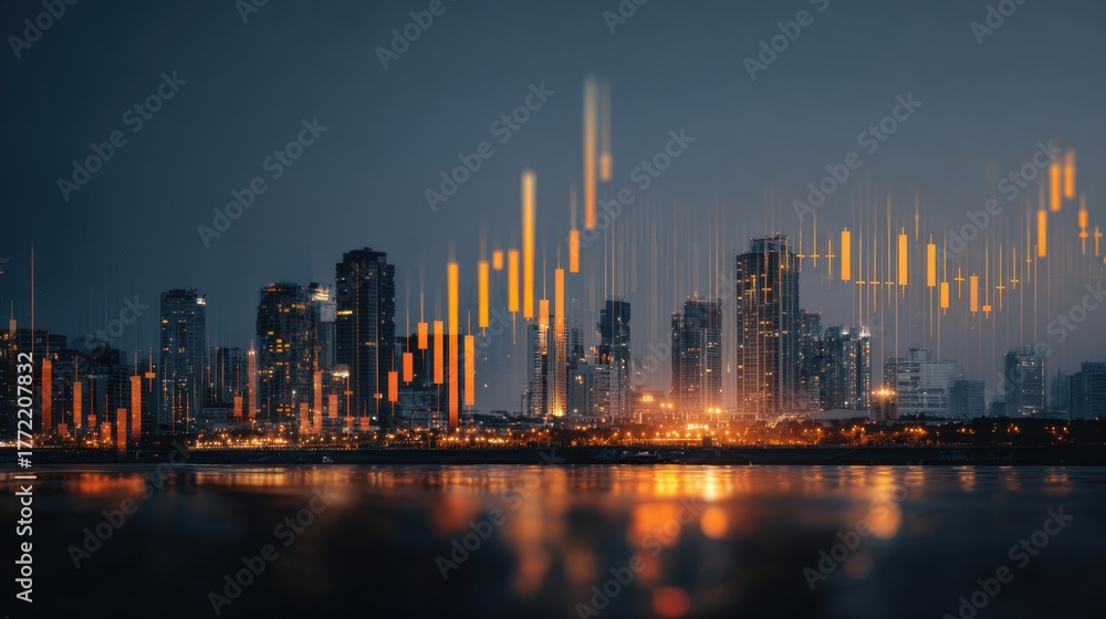 Obraz premium City Skyline at Night with Financial Data Overlay in Warm Orange and Cool Blue Tones