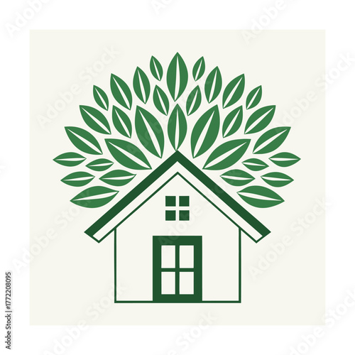 House with tree of leaves on roof on white background Keywords: house, home, building, architecture, leaves, leaf, green, nature, eco, organic
