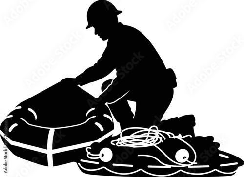 lifeguard prepares rescue raft, ensuring readiness for aquatic emergencies