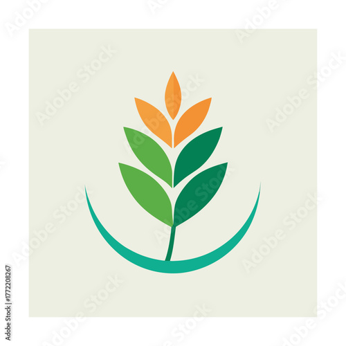 Minimalist wheat stalk logo with green leaves and teal arc Keywords: wheat, grain, agriculture, food, harvest, organic, natural, healthy, growth