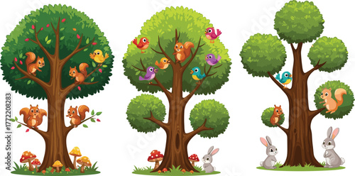 Cartoon forest animals with squirrels, birds, and rabbits in green trees, nature woodland scene illustration, cute wildlife vector design, colorful.