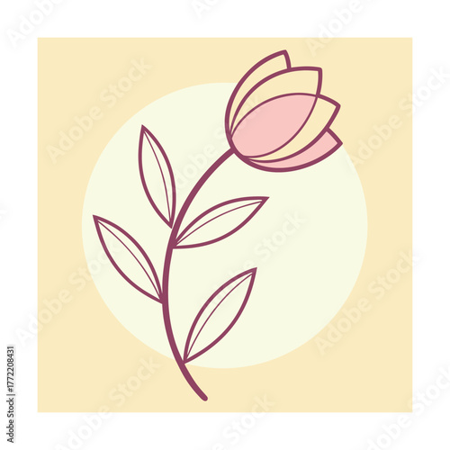 Pink and purple stylized tulip with leaves on a pale yellow background flower floral