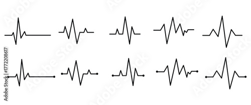 Heartbeat Pulse Line Icons with Heart Symbol, Medical ECG Vector Collection