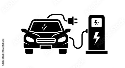 Electric vehicle charging concept with a car plugged into a power station, representing e-mobility and clean energy
