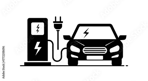 Electric car charging station with vehicle plugged in, eco-friendly transportation concept