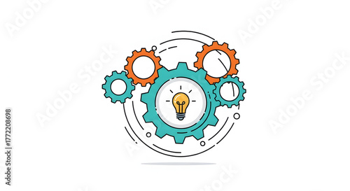 Dynamic illustration depicting a bright lightbulb surrounded by an intricate system of rotating gears, symbolizing the synergy of creative thought, strategic development, and efficient idea generation