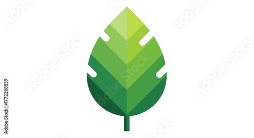 Green leaf icon in a geometric flat design style, symbolizing nature, growth, and ecology. An isolated vector graphic for environmental and organic concepts