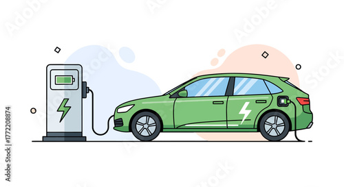 Illustration of a green electric car charging at a charging station, symbolizing sustainable transportation and eco-friendly energy solutions