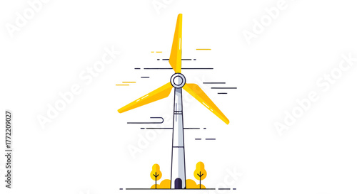 Modern flat line vector illustration of a wind turbine generating renewable energy. Concept for clean, sustainable power and environmental technology