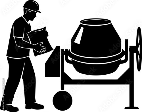 black silhouette worker pouring cement into mixer clip art preview