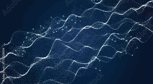 Futuristic network visualization connected dots forming abstract wave lines