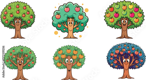 Cartoon fruit trees vector illustration, happy smiling tree characters with apples, oranges, peaches, colorful fruits, fun educational nature design.