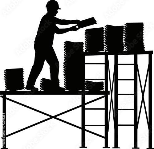 systematic assembly worker organizes materials for monumental construction endeavor