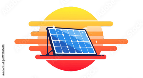 Solar panel on a background of a bright orange and yellow sun, symbolizing renewable energy and sustainability