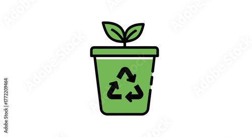 Recycling bin with a small plant growing out of it, representing eco-friendly waste management and sustainability