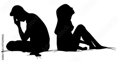 Couple silhouette sitted on bed disagree argument split
